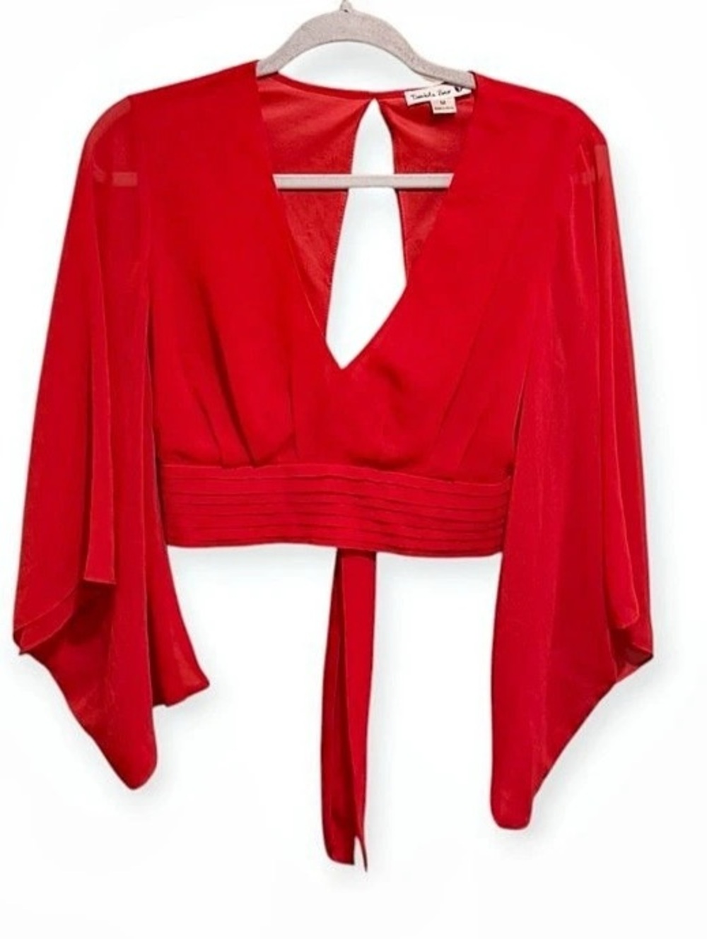 Double Zero Red Deep V Crop Top Flutter Sleeve Open Tie Back Size M
